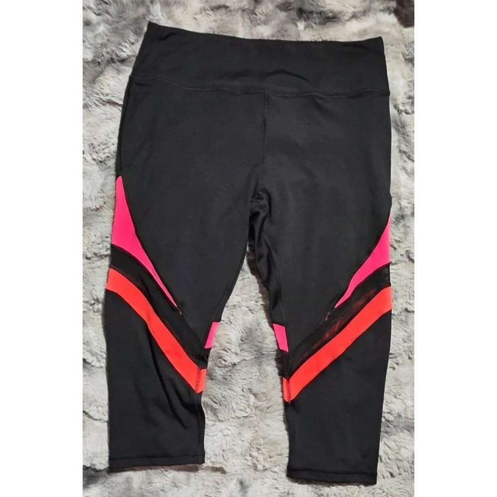 Bebe Sport Black Capri Leggings Pink Orange Mesh Stripe Plus Size 2X